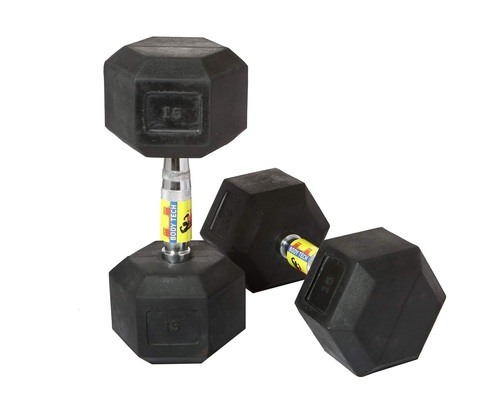 Rubber Coated Hex Dumbbells - Rubber Encased, 1 to 40 Kg Sizes with Contoured Chrome Handle | Durable, Non-Rolling Design for Home and Gym Use