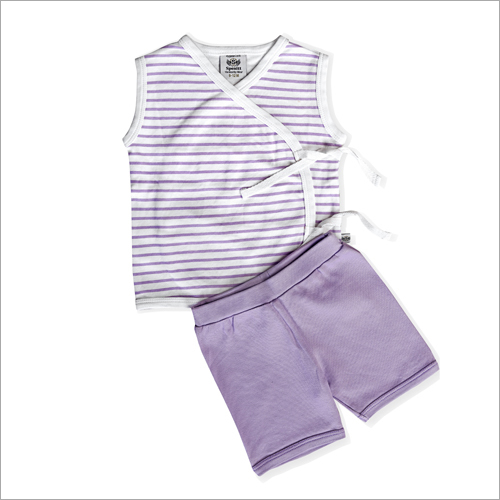 Sleeve Less Front Open T-shirt And Short Set - Cotton, Up To 12 Month , Breathable And Non Toxic With Trendy V Neck And Printed Knitted Design