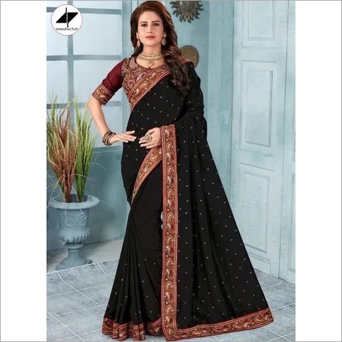 Forest Green Embroidered Saree, Indian Designer Emerald Green Embroidered Sari, South Indian Sari Fashion, Green Georgette Evening Wear Sari Decoration Material: Stones