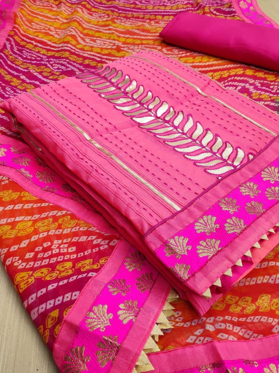Lace Work Dress - Unstitched Chanderi Silk Top, Santoon Inner, Nazmin Print Dupatta With Lace Border | Multi Color, Breathable, Anti Wrinkle, Plus Size