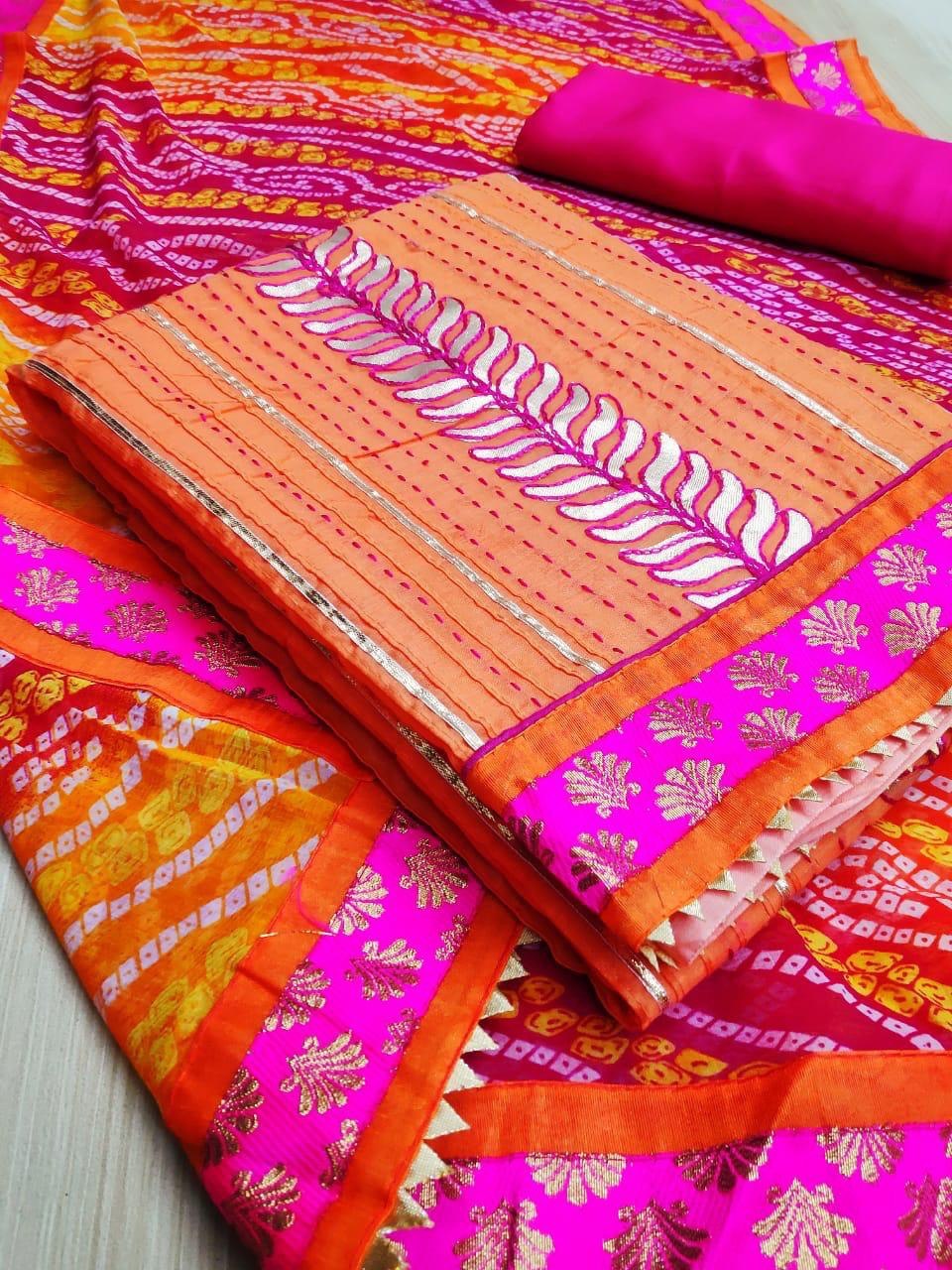 Lace Work Dress - Unstitched Chanderi Silk Top, Santoon Inner, Nazmin Print Dupatta With Lace Border | Multi Color, Breathable, Anti Wrinkle, Plus Size