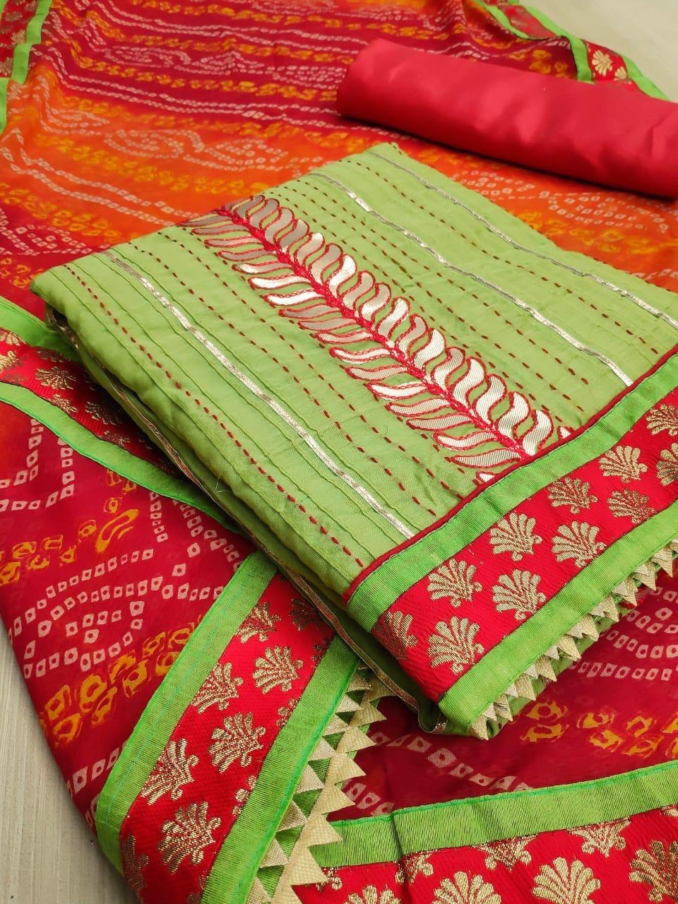 Lace Work Dress - Unstitched Chanderi Silk Top, Santoon Inner, Nazmin Print Dupatta With Lace Border | Multi Color, Breathable, Anti Wrinkle, Plus Size
