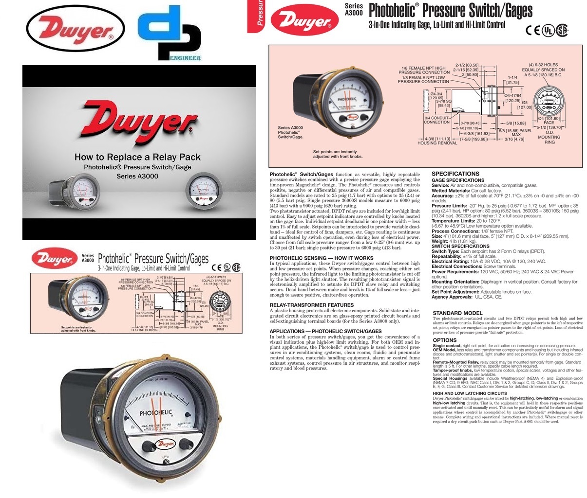 Dwyer A3060 Photohelic Pressure Switch Gauge Accuracy: A 2% Of Fs At 70a F (21.1a C)