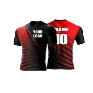 P.M.C Full Sublimation T-Shirt - Lycra, Sizes S-XXL, Color Black-Red | V Neck, Short Sleeves, Quick Dry, No Fade, Customized Logo
