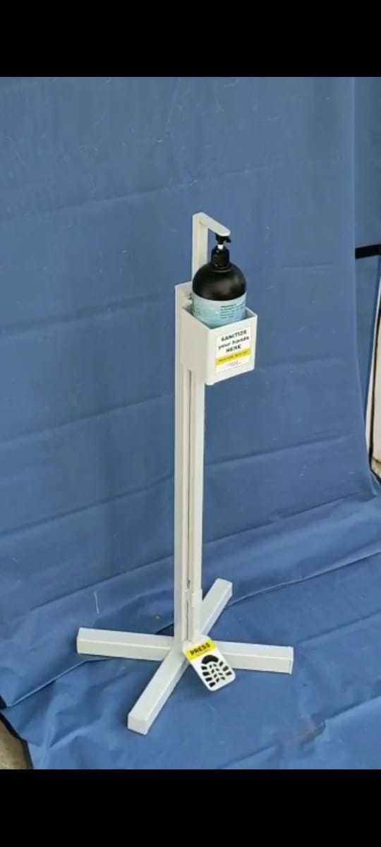 Foot Operated Hand Sanitizer Dispenser - Stainless Steel & Mild Steel, 1m Height X 0.5m Width X 1m Length, Durable White & Blue Design, Mechanical Power Supply, Safe Hands-free Operation
