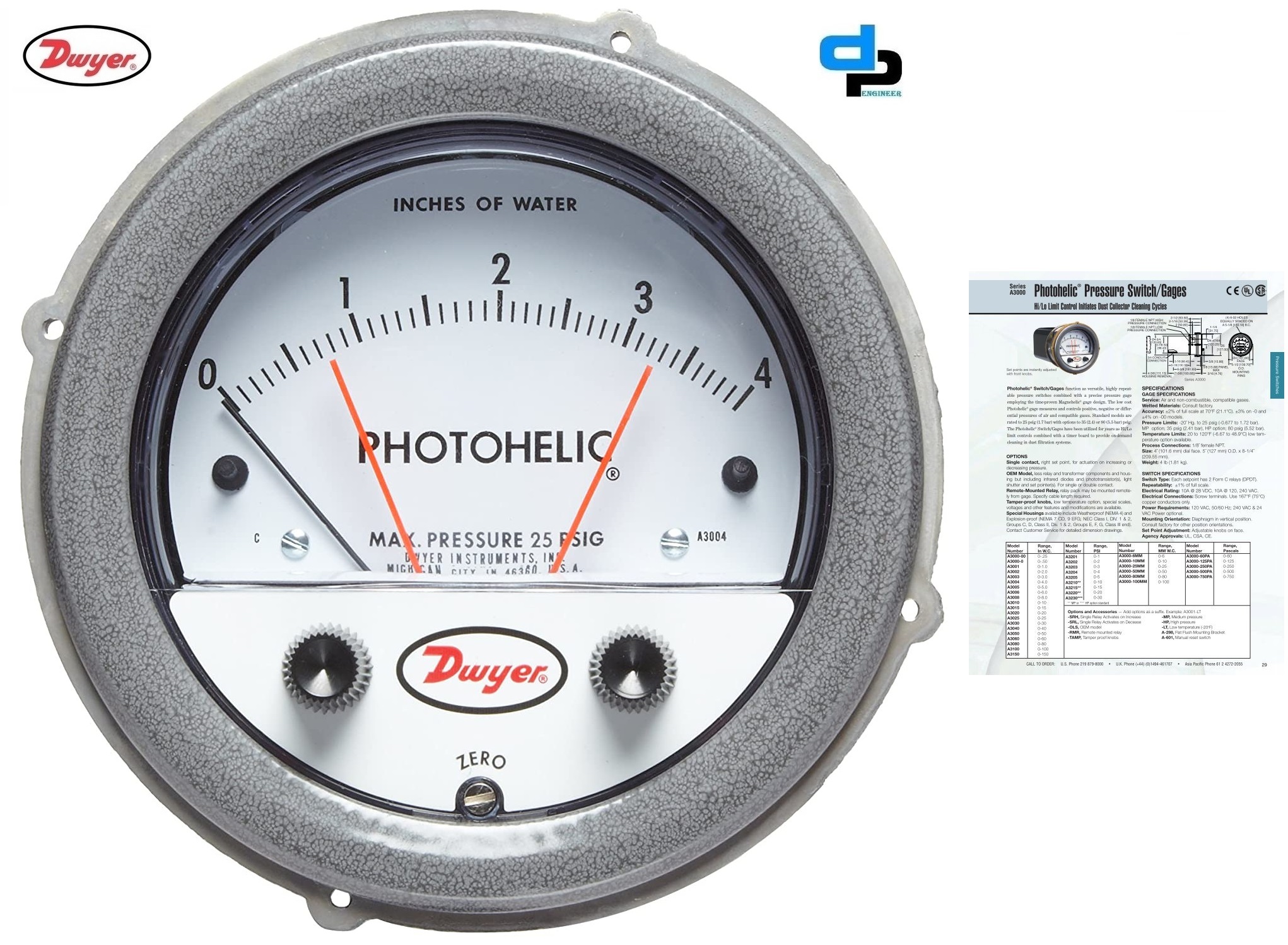 Dwyer A3010 Photohelic Pressure Switch Gauge Accuracy: A 2% Of Fs At 70a F (21.1a C)