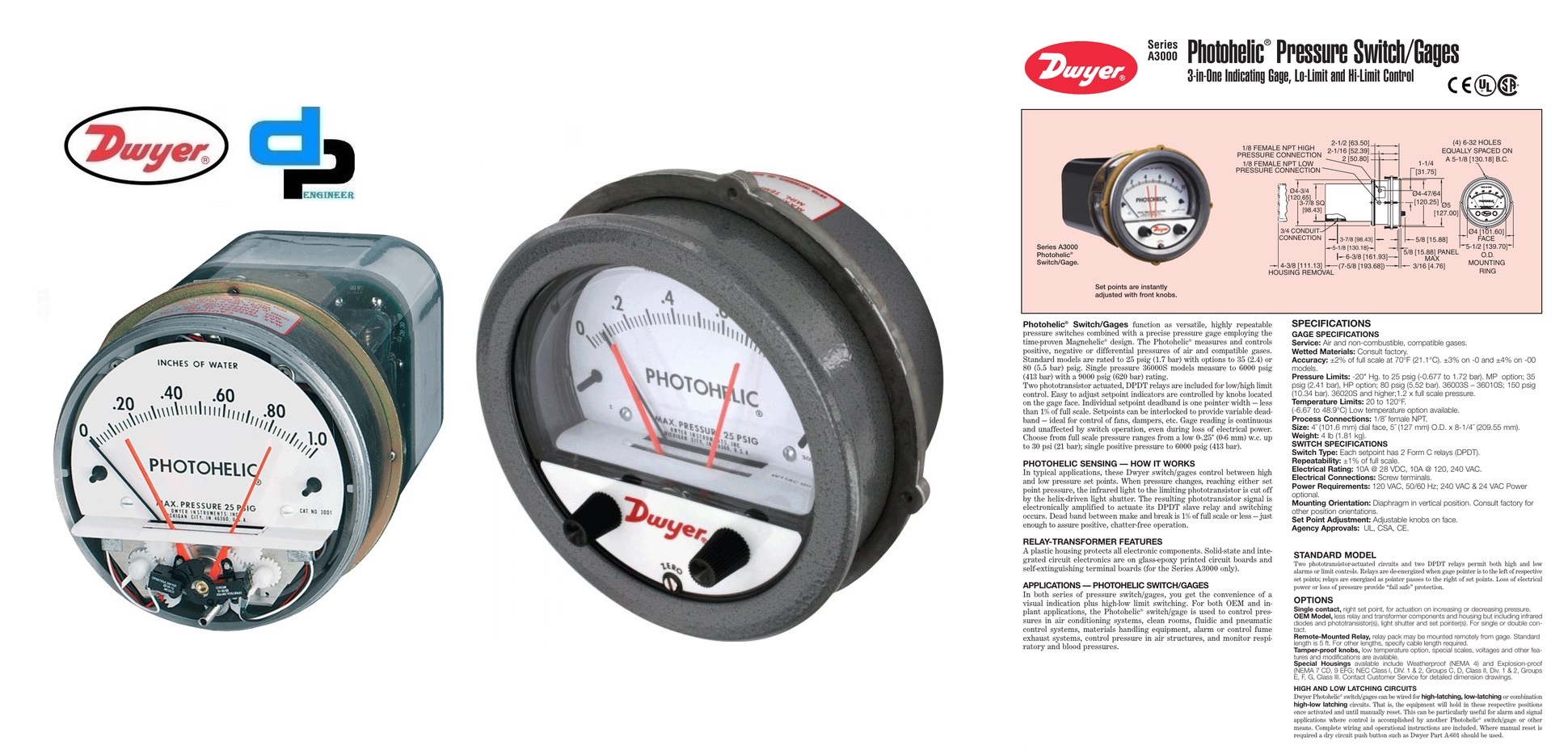 Dwyer A3010 Photohelic Pressure Switch Gauge Accuracy: A 2% Of Fs At 70a F (21.1a C)