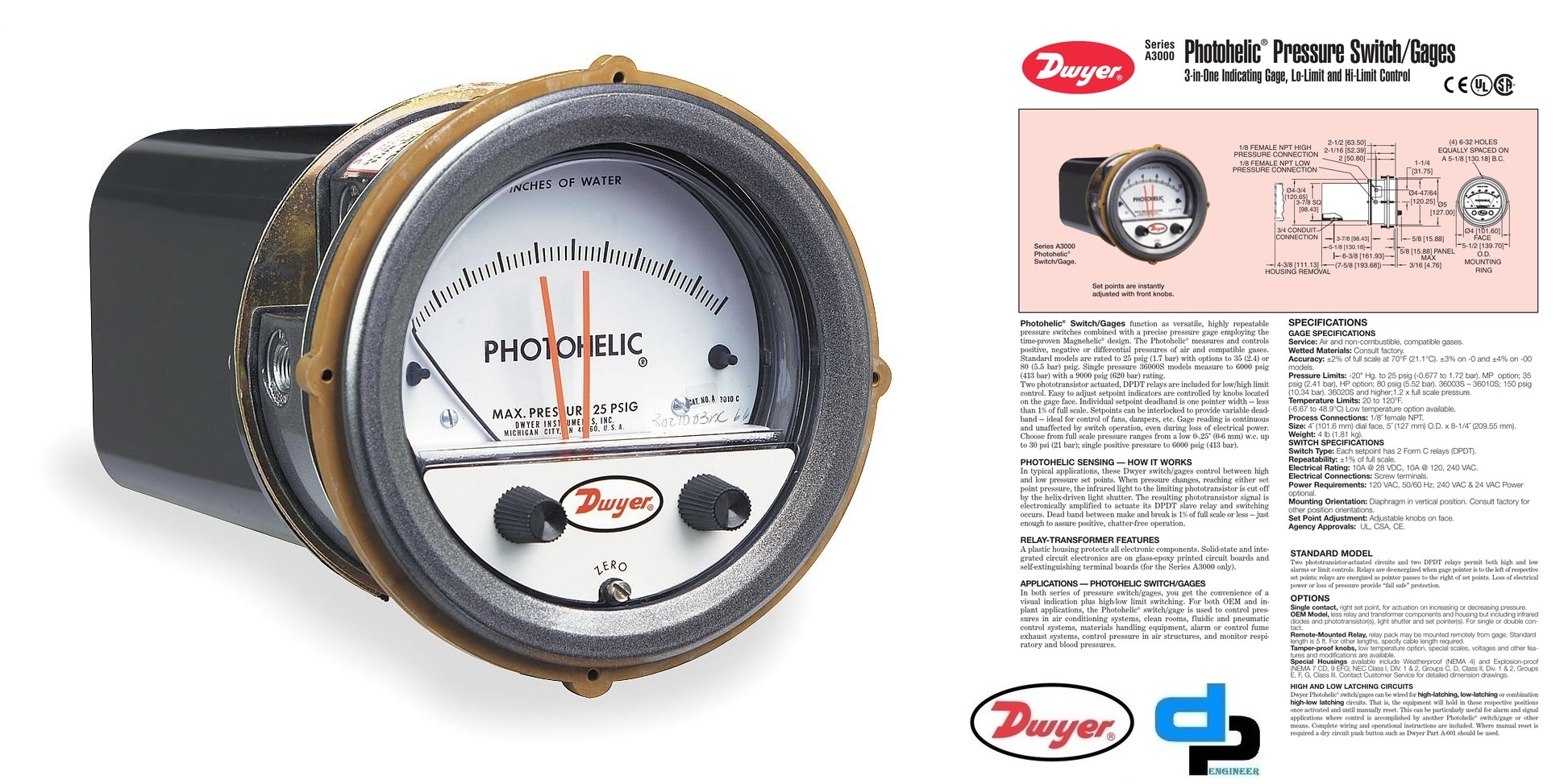 Dwyer A3000-8kpa Photohelic Pressure Switch Gauge Accuracy: A 2% Of Fs At 70a F (21.1a C)