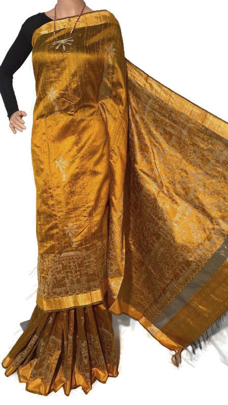 Party Wear Pure Dupion Raw Silk Handloom Hand Border Sarees, With Blouse.