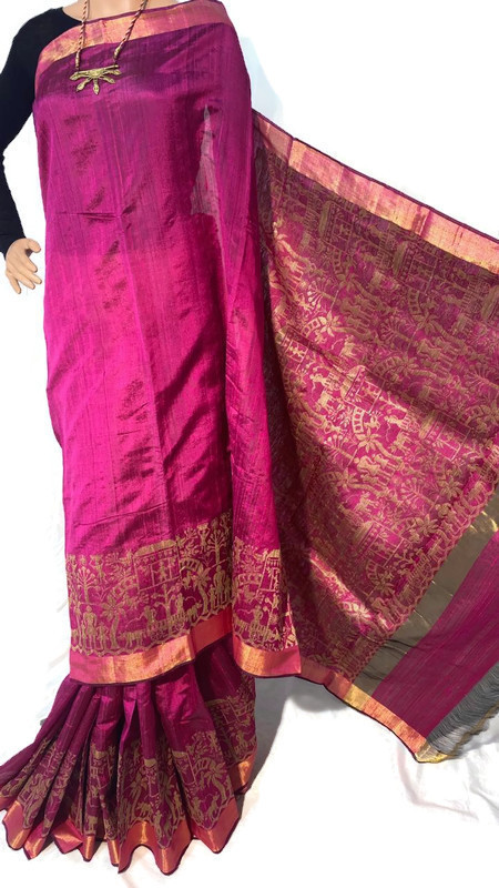 Party Wear Pure Dupion Raw Silk Handloom Hand Border Sarees, With Blouse.