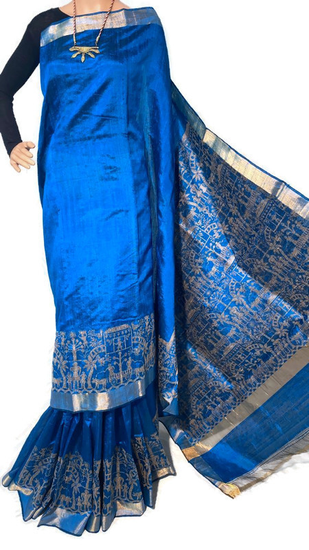 Party Wear Pure Dupion Raw Silk Handloom Hand Border Sarees, With Blouse.