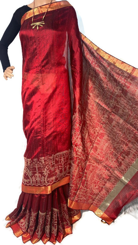 Party Wear Pure Dupion Raw Silk Handloom Hand Border Sarees, With Blouse.