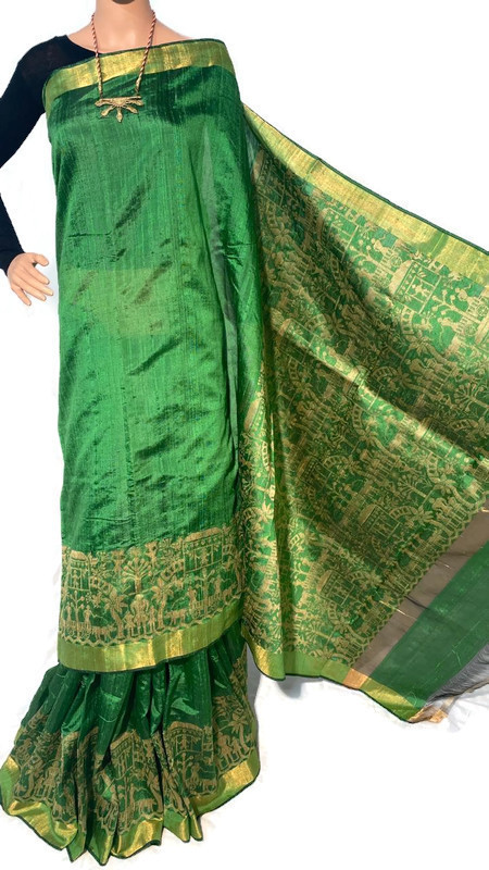 Party Wear Pure Dupion Raw Silk Handloom Hand Border Sarees, With Blouse.