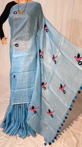 Silk Linen By Linen 120 Count Machine Embroidery Saree.