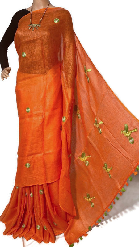 Silk Linen By Linen 120 Count Machine Embroidery Saree.