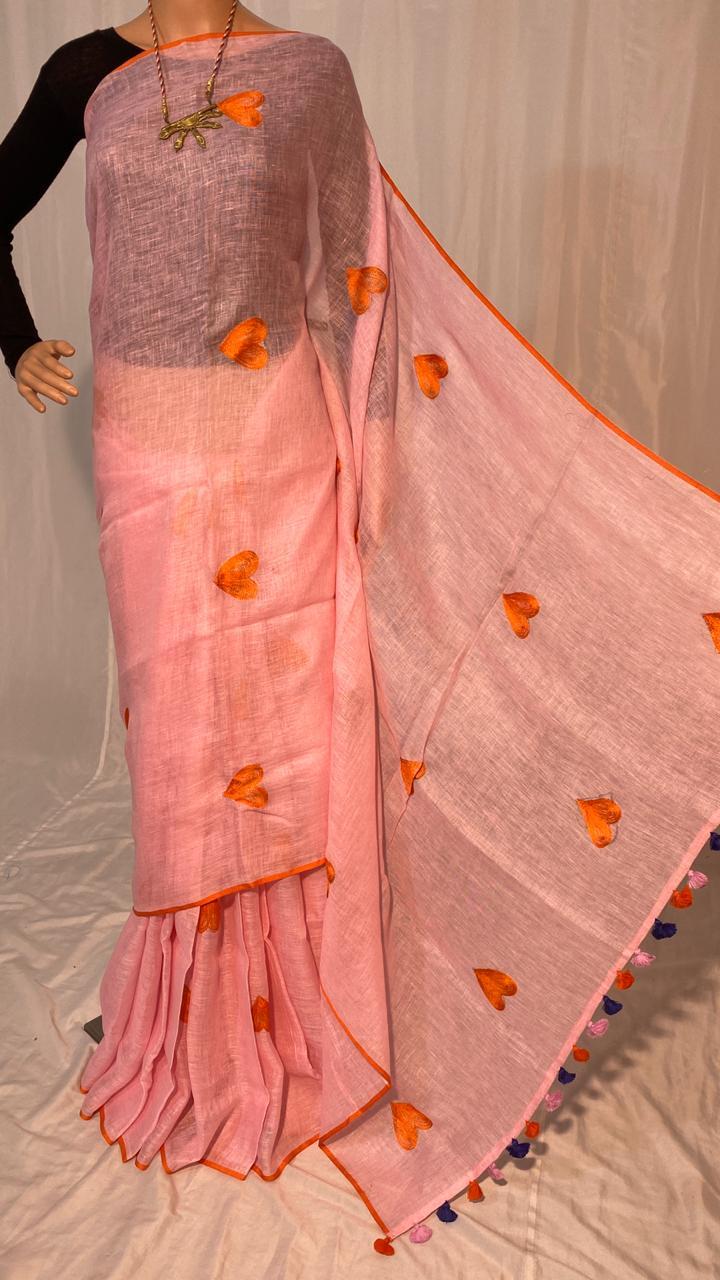 Silk Linen By Linen 120 Count Machine Embroidery Saree.
