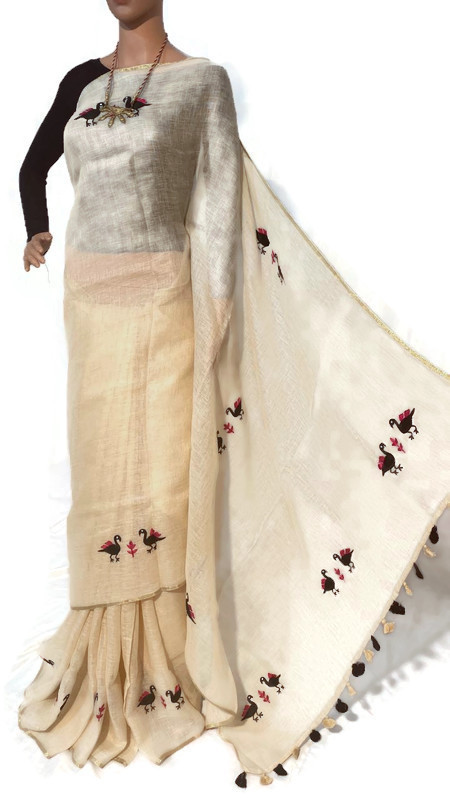 Silk Linen By Linen 120 Count Machine Embroidery Saree.