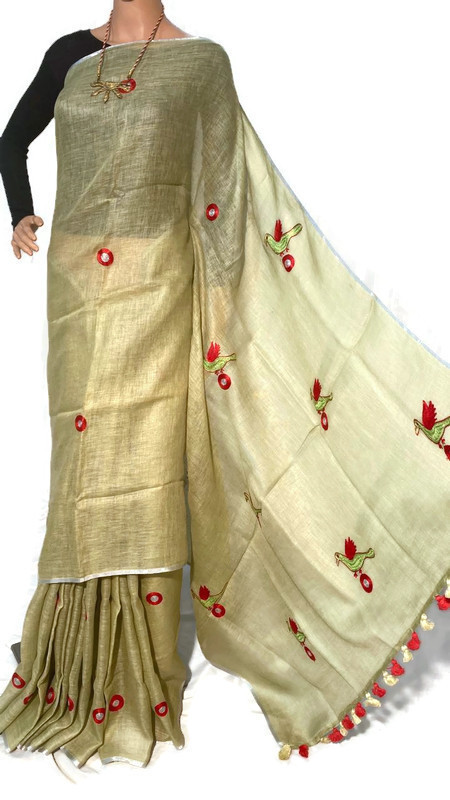 Silk Linen By Linen 120 Count Machine Embroidery Saree.