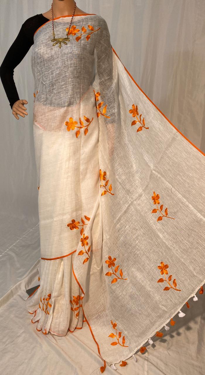 Silk Linen By Linen 120 Count Machine Embroidery Saree.