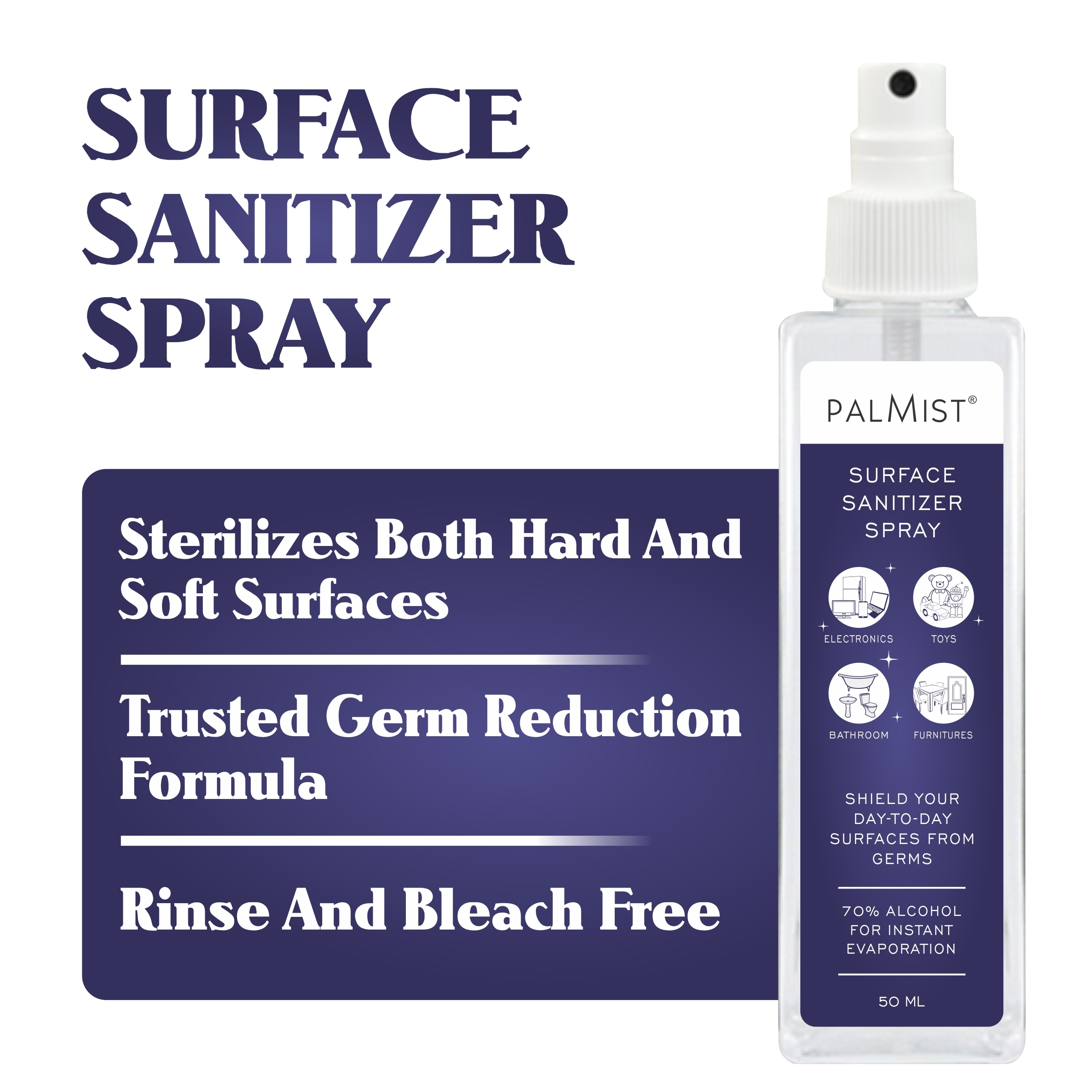 Palmist Surface Sanitizer Disinfectant Spray 50 Ml - 70% Alcohol Formula, Bleach-free, Anti-bacterial Surface & Gadget Cleaner, Instant Evaporation