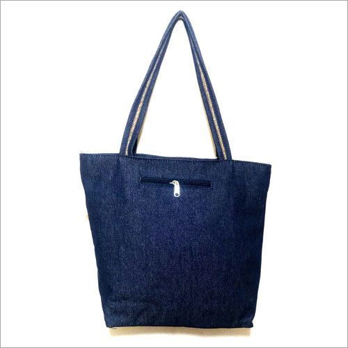 Ladies Bag - Denim Blue, 15 Inch Height | Double Handle, Washable Single Compartment With Synthetic Jute Work, Double Pocket