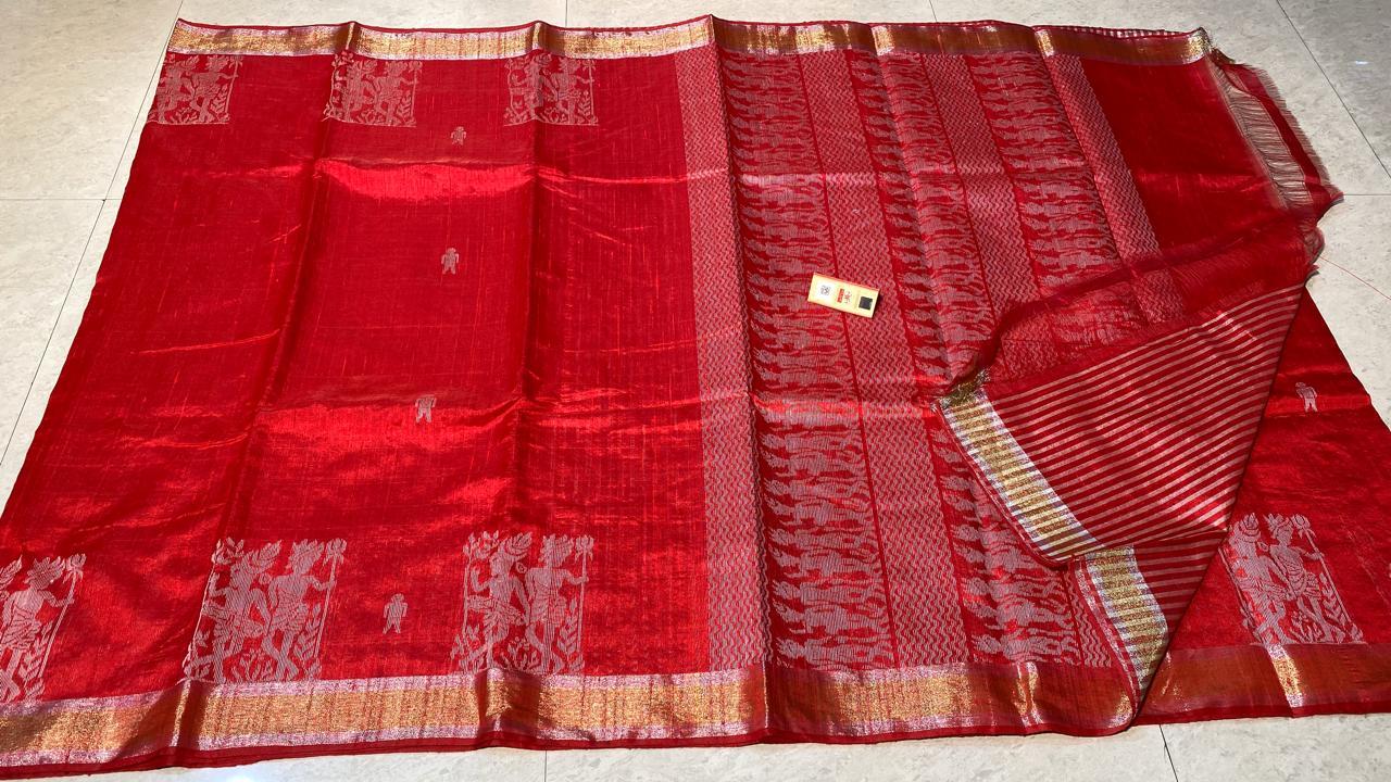 Plain Pure Dupion Raw Silk Handloom Party Wear Sarees, With Worli Weaving Border And Pallu.
