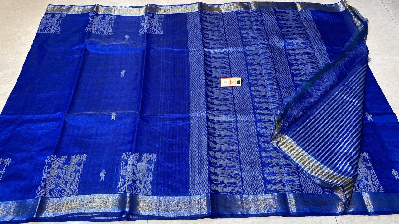 Plain Pure Dupion Raw Silk Handloom Party Wear Sarees, With Worli Weaving Border And Pallu.