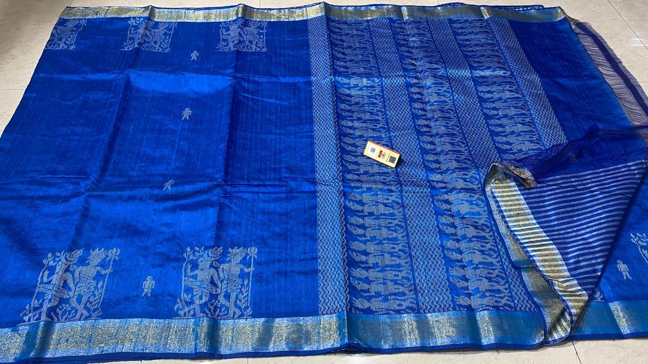 Plain Pure Dupion Raw Silk Handloom Party Wear Sarees, With Worli Weaving Border And Pallu.