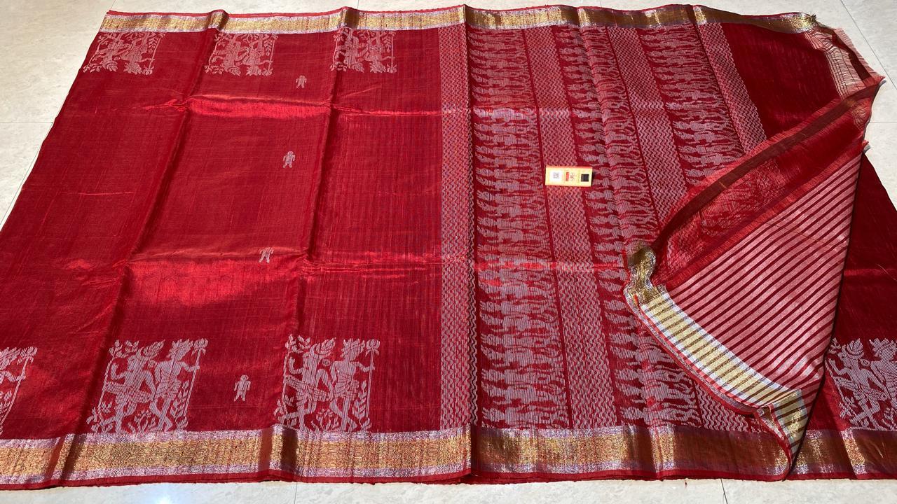 Plain Pure Dupion Raw Silk Handloom Party Wear Sarees, With Worli Weaving Border And Pallu.