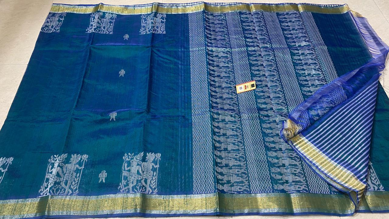 Plain Pure Dupion Raw Silk Handloom Party Wear Sarees, With Worli Weaving Border And Pallu.