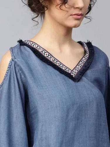 Blue Ladies V Neck And Shoulder Cut Top