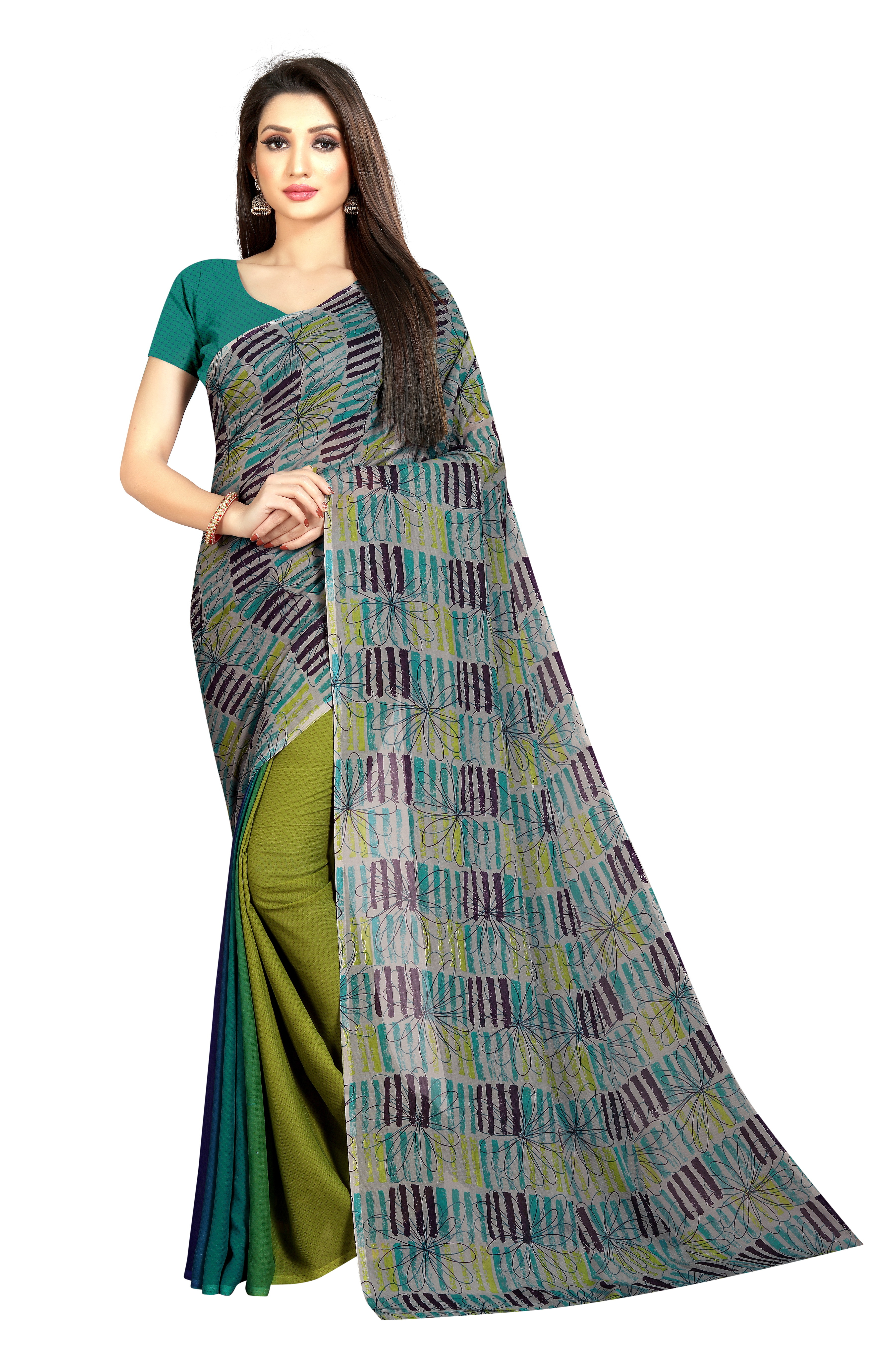 Designer Georgette Saree - Multi-color With Attached Blouse | Daily Wear Fabric, Suitable For All Seasons