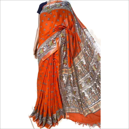 कपास मधुबनी मुद्रित साड़ी द्वारा शुद्ध लिनन।