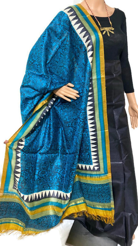 Indian Pure Tussar Silk Block Printed Long 2.5 Mtrs Dupatta