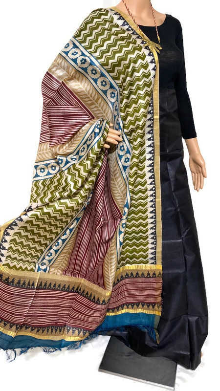 Indian Pure Tussar Silk Block Printed Long 2.5 Mtrs Dupatta