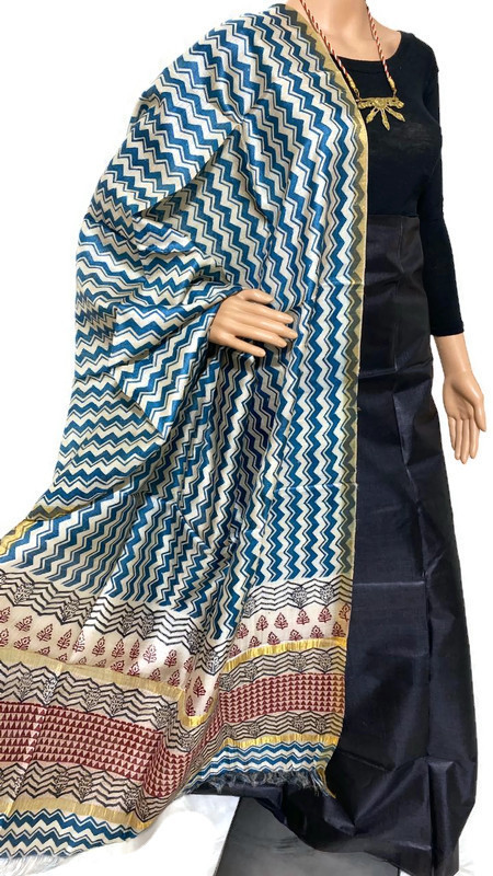Indian Pure Tussar Silk Block Printed Long 2.5 Mtrs Dupatta