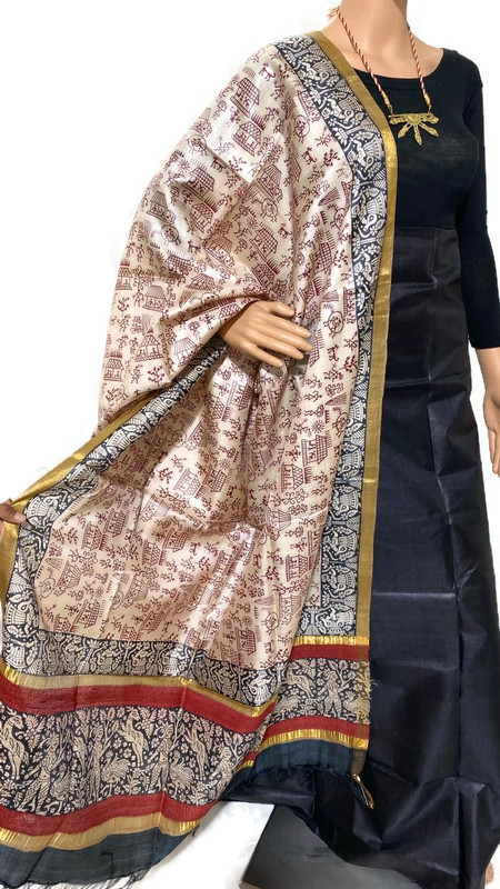 Indian Pure Tussar Silk Block Printed Long 2.5 Mtrs Dupatta