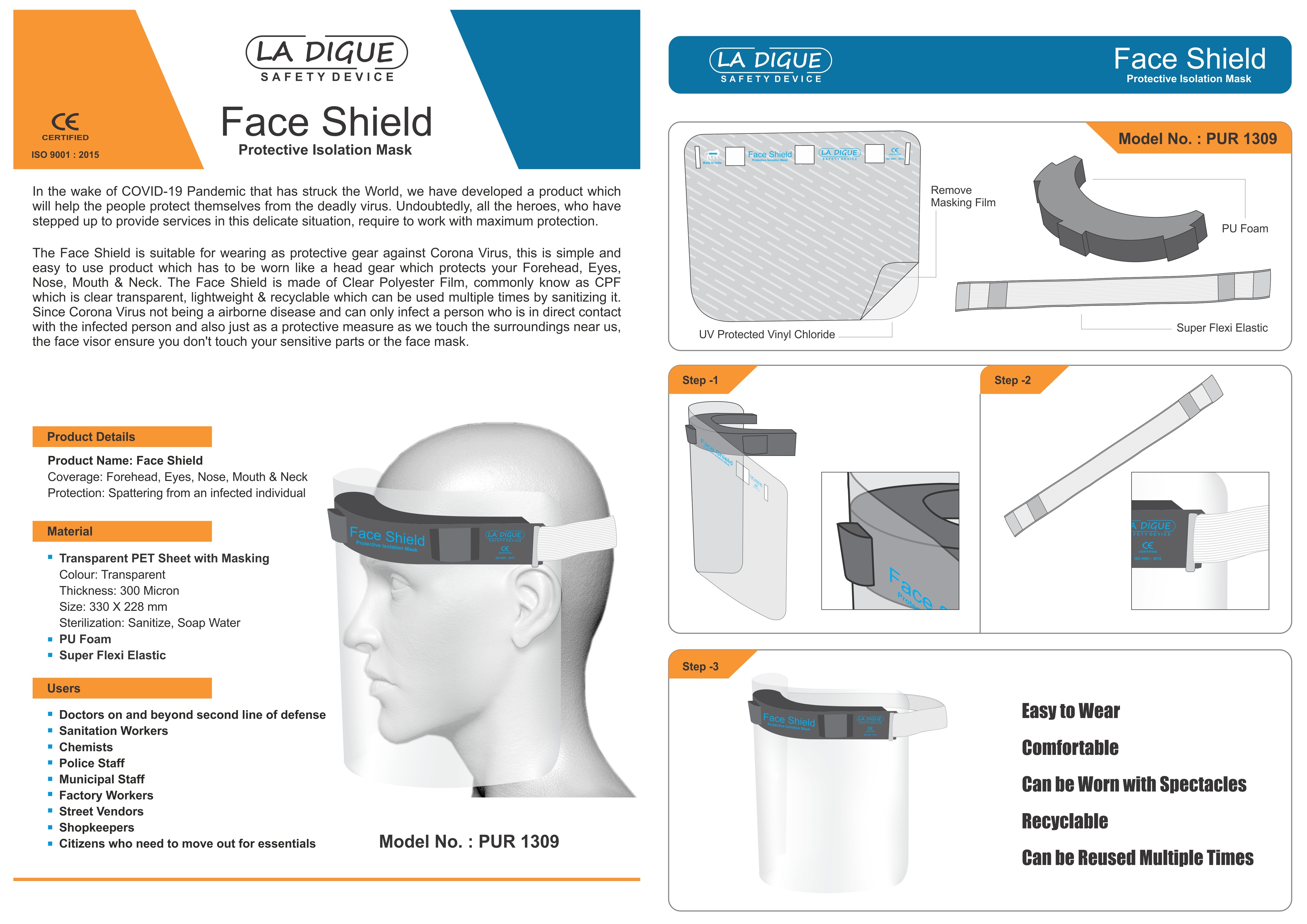 Face Shield - Transparent Pet Sheet, 300 Micron Thickness, 330 X 228 Mm Size | Pu Foam Headband, Suitable For Various Essential Workers