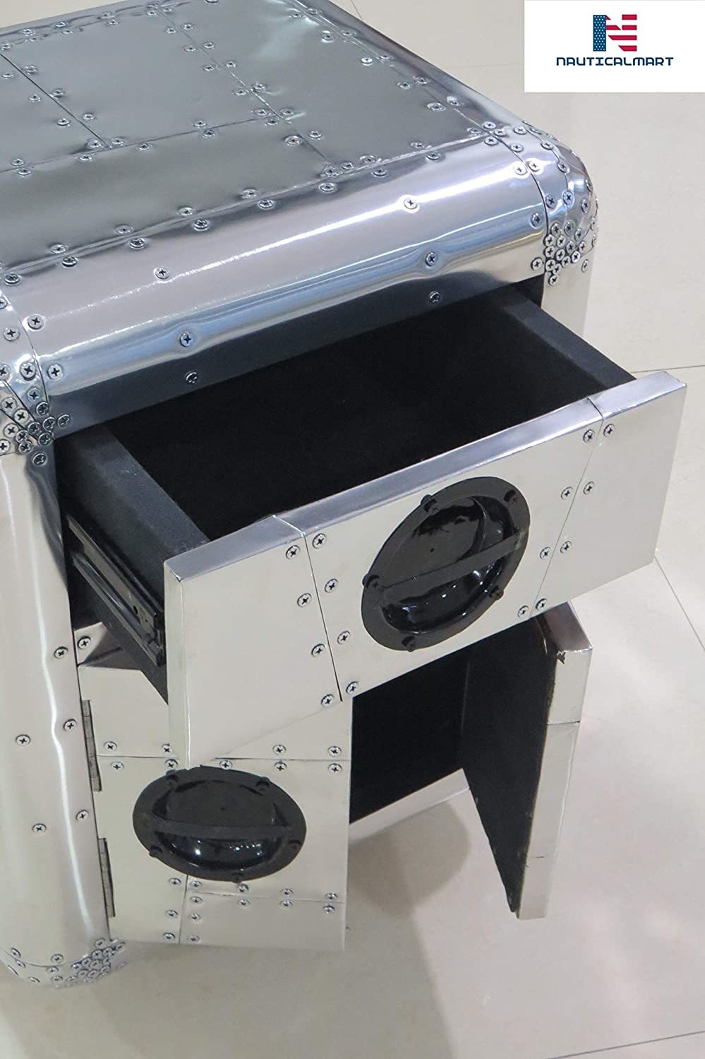 Aviator Table Aero Aluminum Side End Table,bed Side One Drawer,2 Doors Han