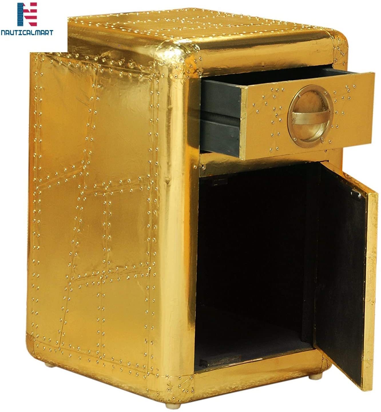 Nauticalmart Aviator Side Table With Door And Drawer Handmade Aviation Accent Chest Gold