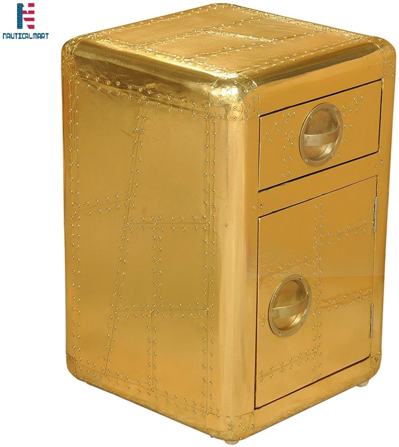 Nauticalmart Aviator Side Table With Door And Drawer Handmade Aviation Accent Chest Gold