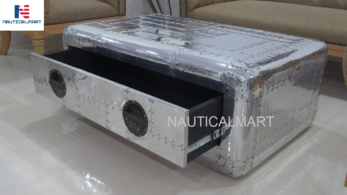 Aluminium Aviator Coffee Table One Drawer Trunk With Brown Leather Aviator Chair