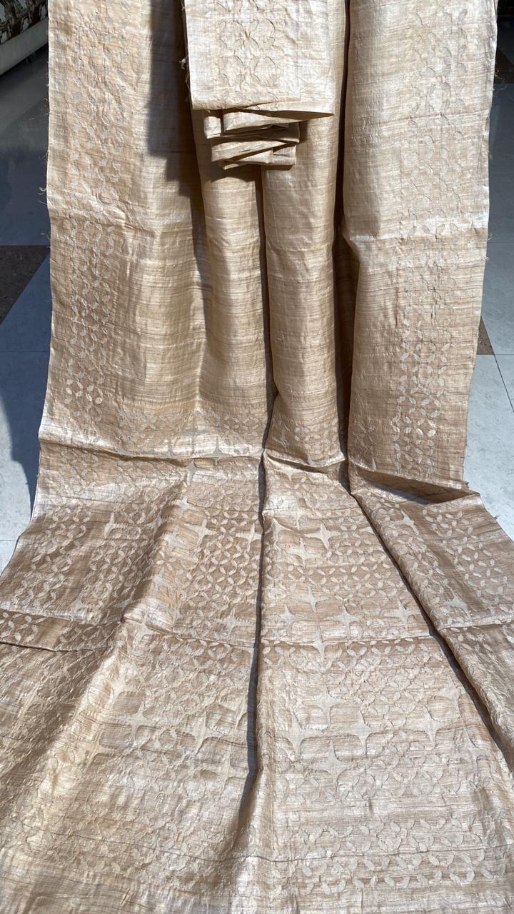Party Wear Pure Desi Tussar (Kosa) Silk Sarees ,With Hand Applique Work All Over Border And 1 Mtrs On Pallu Sarees.
