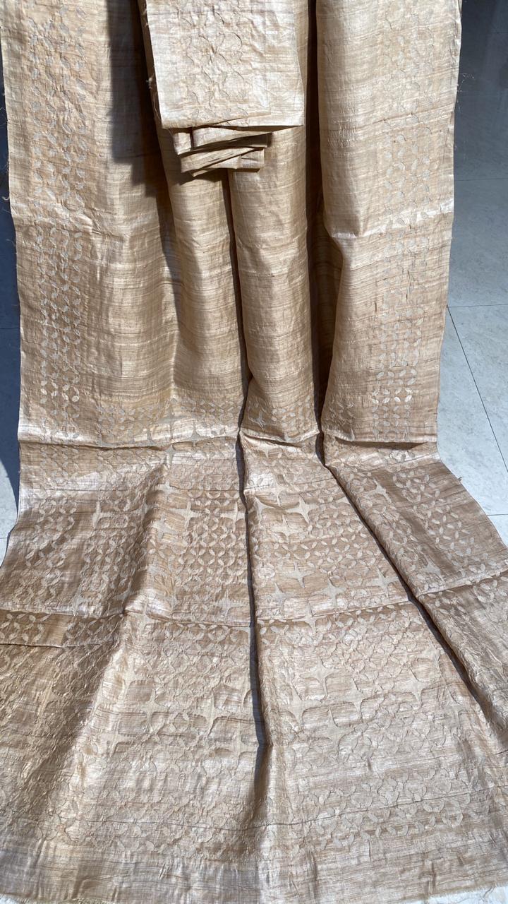 Party Wear Pure Desi Tussar (Kosa) Silk Sarees ,With Hand Applique Work All Over Border And 1 Mtrs On Pallu Sarees.