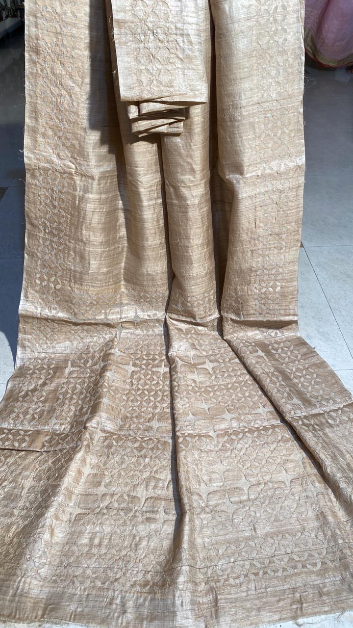 Party Wear Pure Desi Tussar (Kosa) Silk Sarees ,With Hand Applique Work All Over Border And 1 Mtrs On Pallu Sarees.