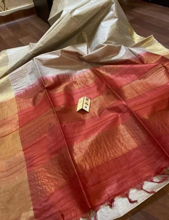 Party Wear Pure Desi Tussar Silk With Real Gold Metallic Jari Border Sarees, Contrast Pallu With Blouse.