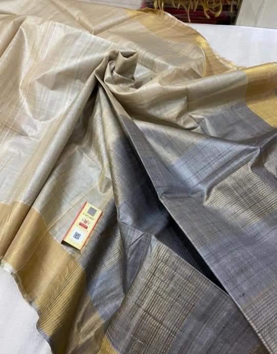 Party Wear Pure Desi Tussar Silk With Real Gold Metallic Jari Border Sarees, Contrast Pallu With Blouse.