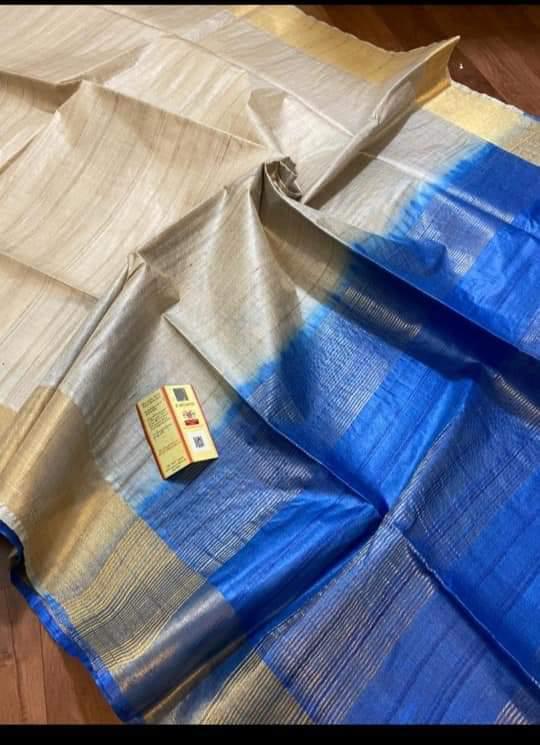 Party Wear Pure Desi Tussar Silk With Real Gold Metallic Jari Border Sarees, Contrast Pallu With Blouse.
