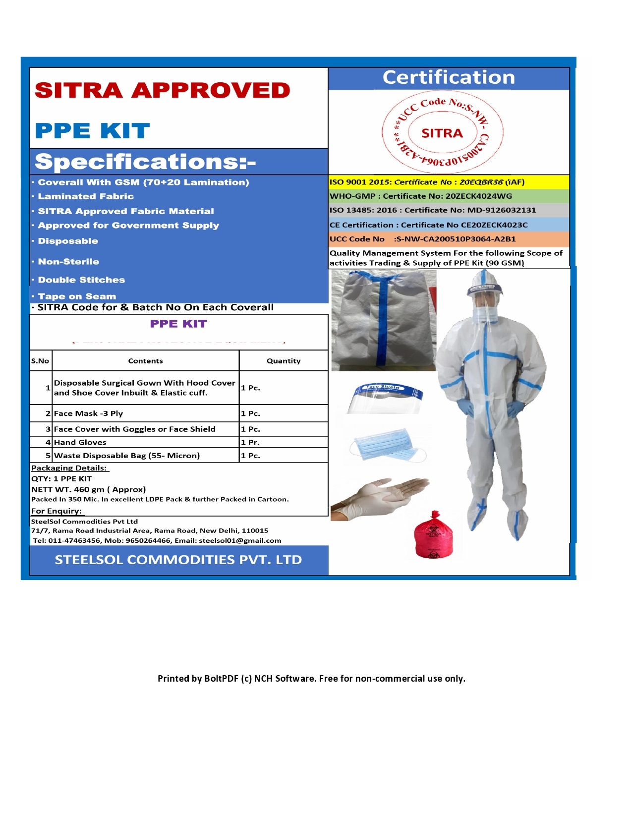 Ppe Kit - 3 Ply Surgical Mask, One Pair Gloves, Sitra Certified, 90 Gsm, Laminated, Blue Seam Tape | Disposable, Waterproof, Recyclable, Non-woven