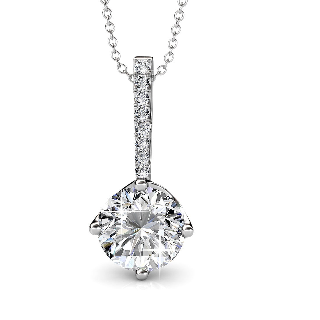 Designer Necklace - 92.5 Sterling Silver With High Polish Rhodium Plating, Three Stone Pendant With Cubic Zirconia